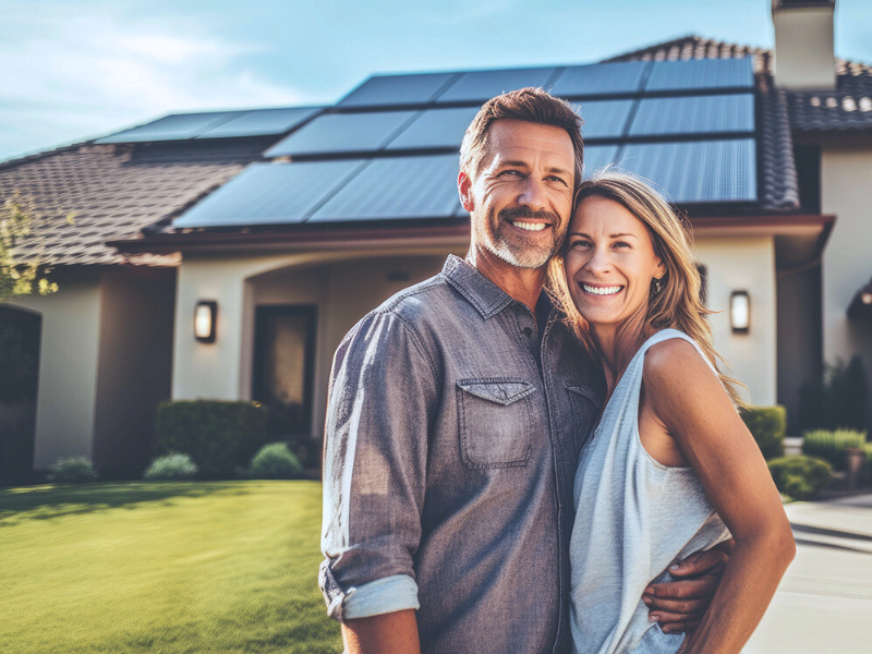 Couple in front of their house with solar panels ininstalled